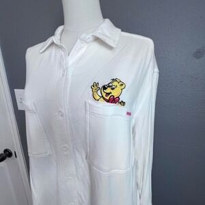 Haribo Gummy Bear White Fleece Long Sleeve Button Up Shirt‎ Women's Large